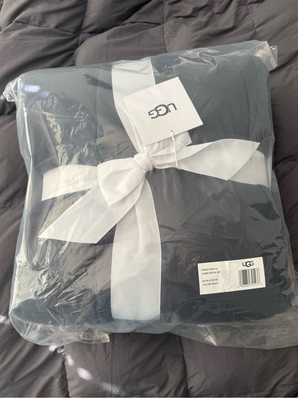 UGG Navy Comforter Set with White Ribbon Packaging